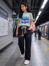 VL Girls Baggy Stoned Denim Pant | Black & Saga Green Set
