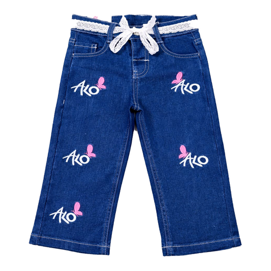 Girls Denim BAGGY Embroidered Pant | Mid Blue