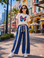 Girls Twill Denim Baggy Pant | Mid Blue & Beige Set