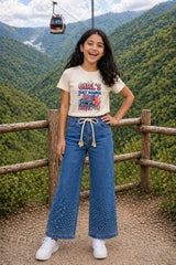 Girls Baggy Jeans with Rain Stone | Charcoal Grey & Stone Beige Set