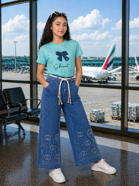 Trendy Girls Stoned BAGGY Pant | Black & Saga Green Set
