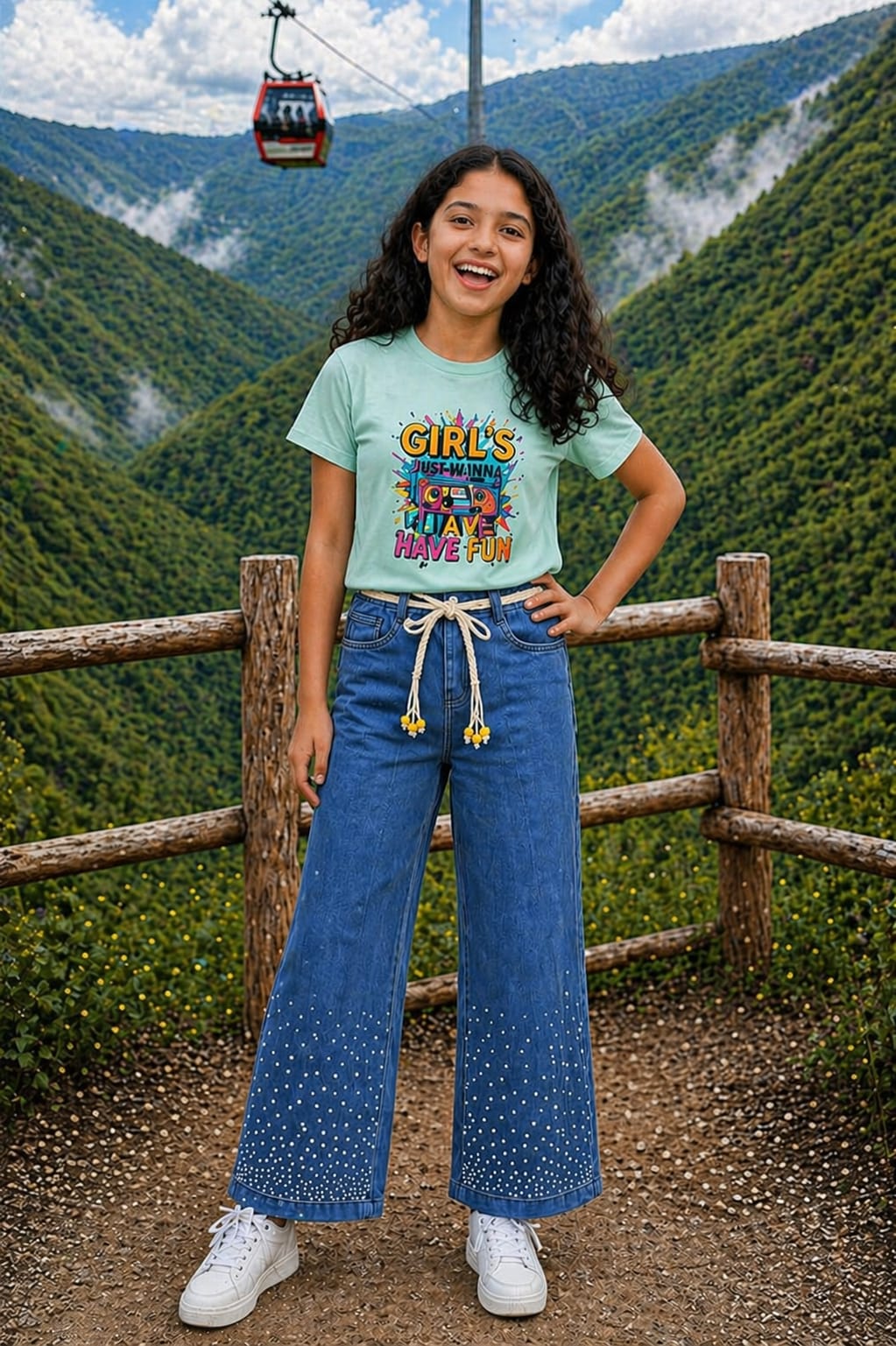 Girls Baggy Jeans with Rain Stone | Black & Saga Green Set