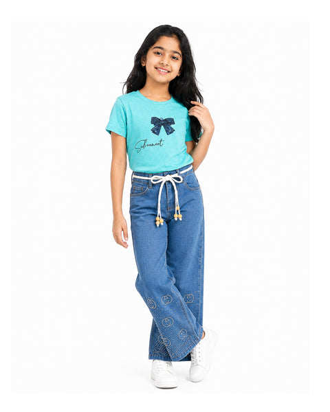 Circle Stoned Midblue & SagaGreen Denim Baggy Set