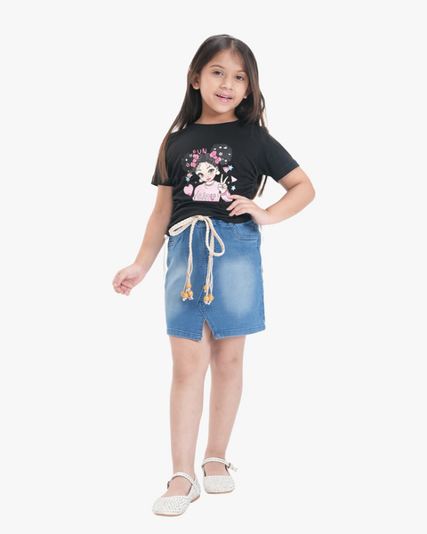 Girls Denim Skirts Set | MidBlue & Black