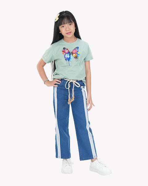 Girls Twill Denim Baggy Pant | Mid Blue & Saga Green Set