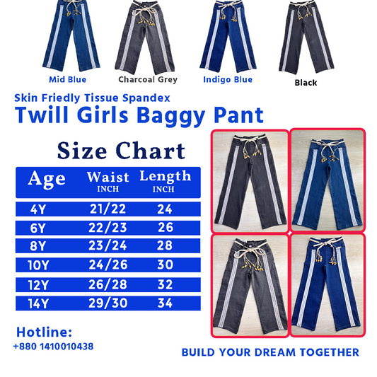 Girls Twill Denim Baggy Pant | Mid Blue
