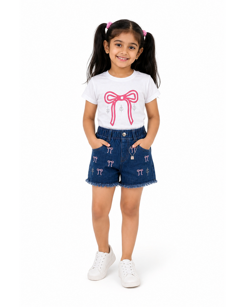 Pearl Bow Denim Set | White