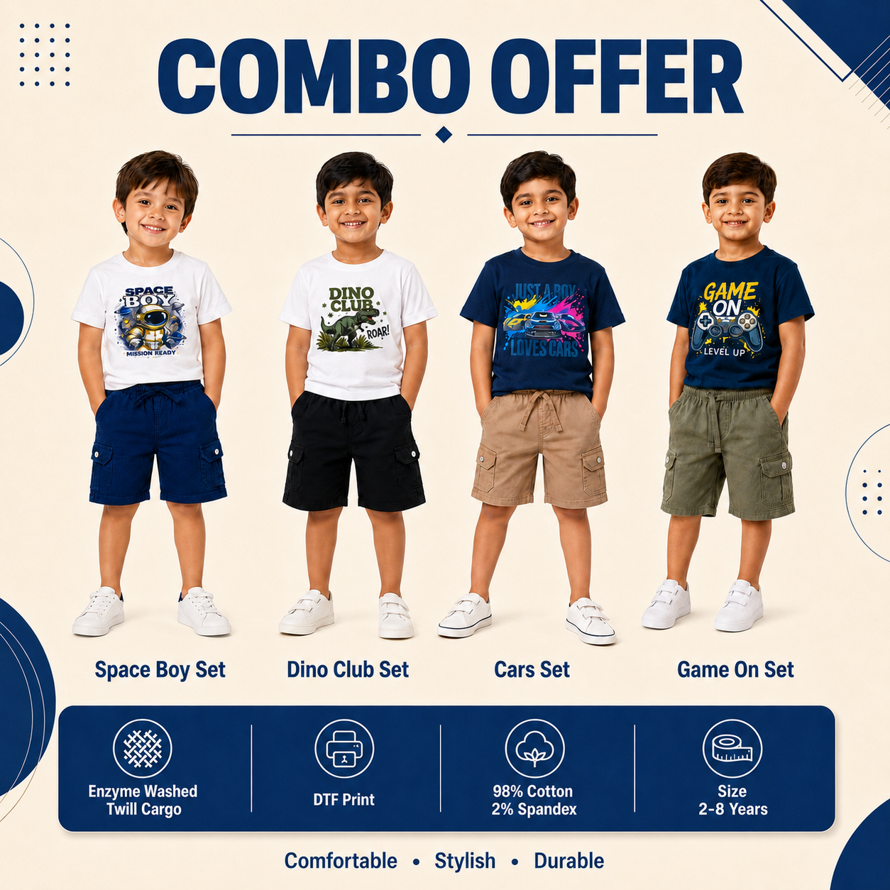 4 pcs combo - Boy's Cargo Shorts
