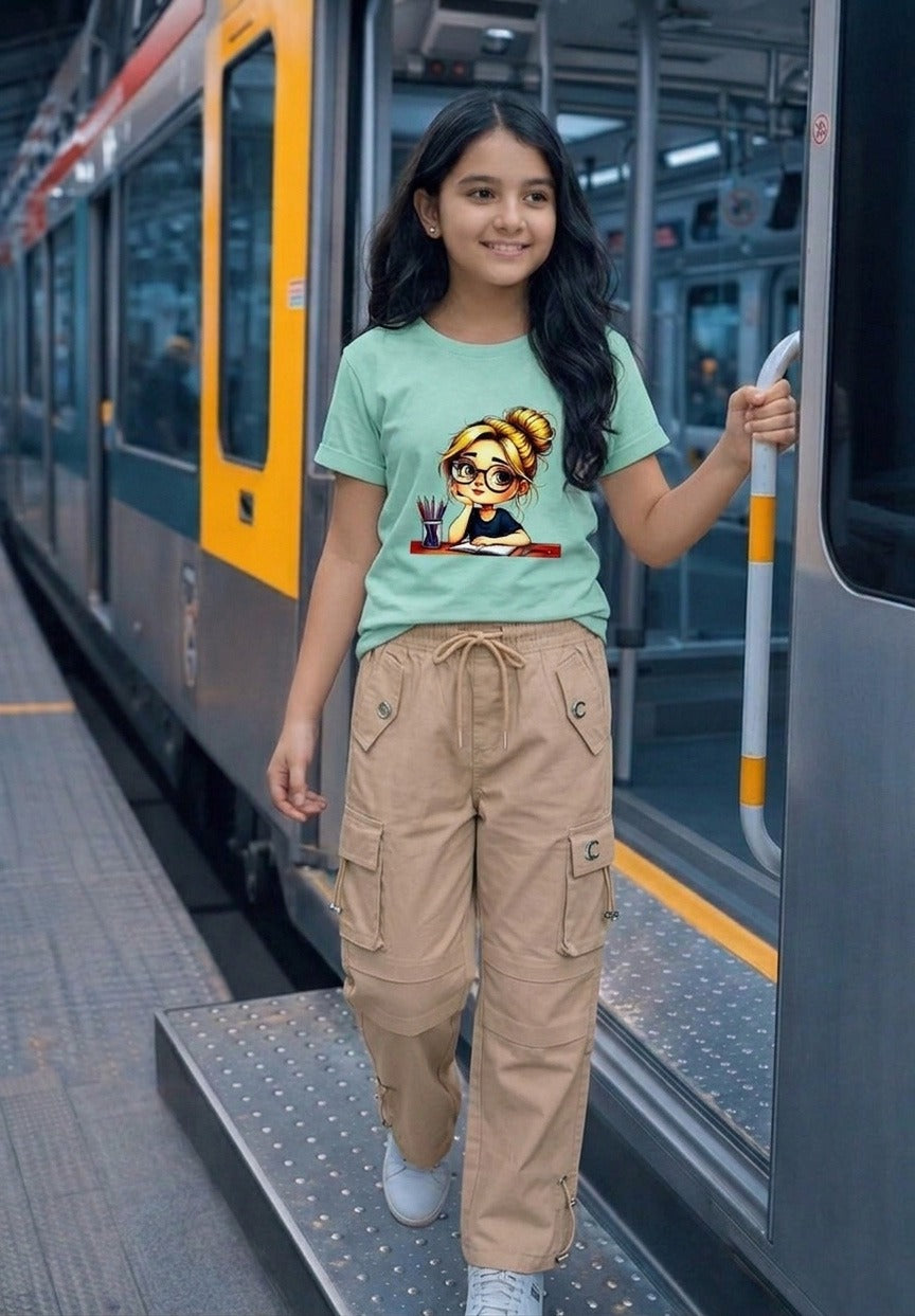 Premium Girls' Twill Baggy Cargo Jogger Pant | Beige & Saga Green