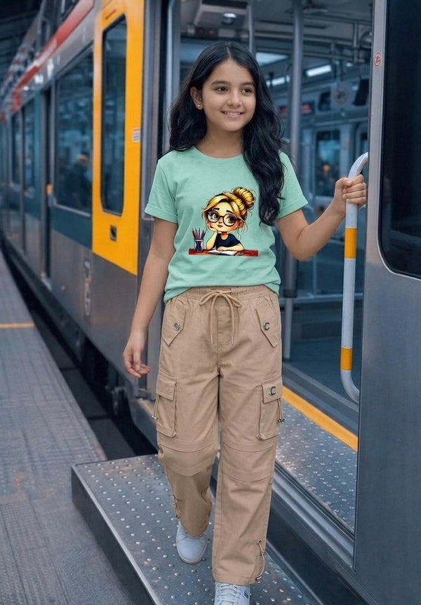 Premium Girls' Twill Baggy Cargo Jogger Pant | Beige & Saga Green