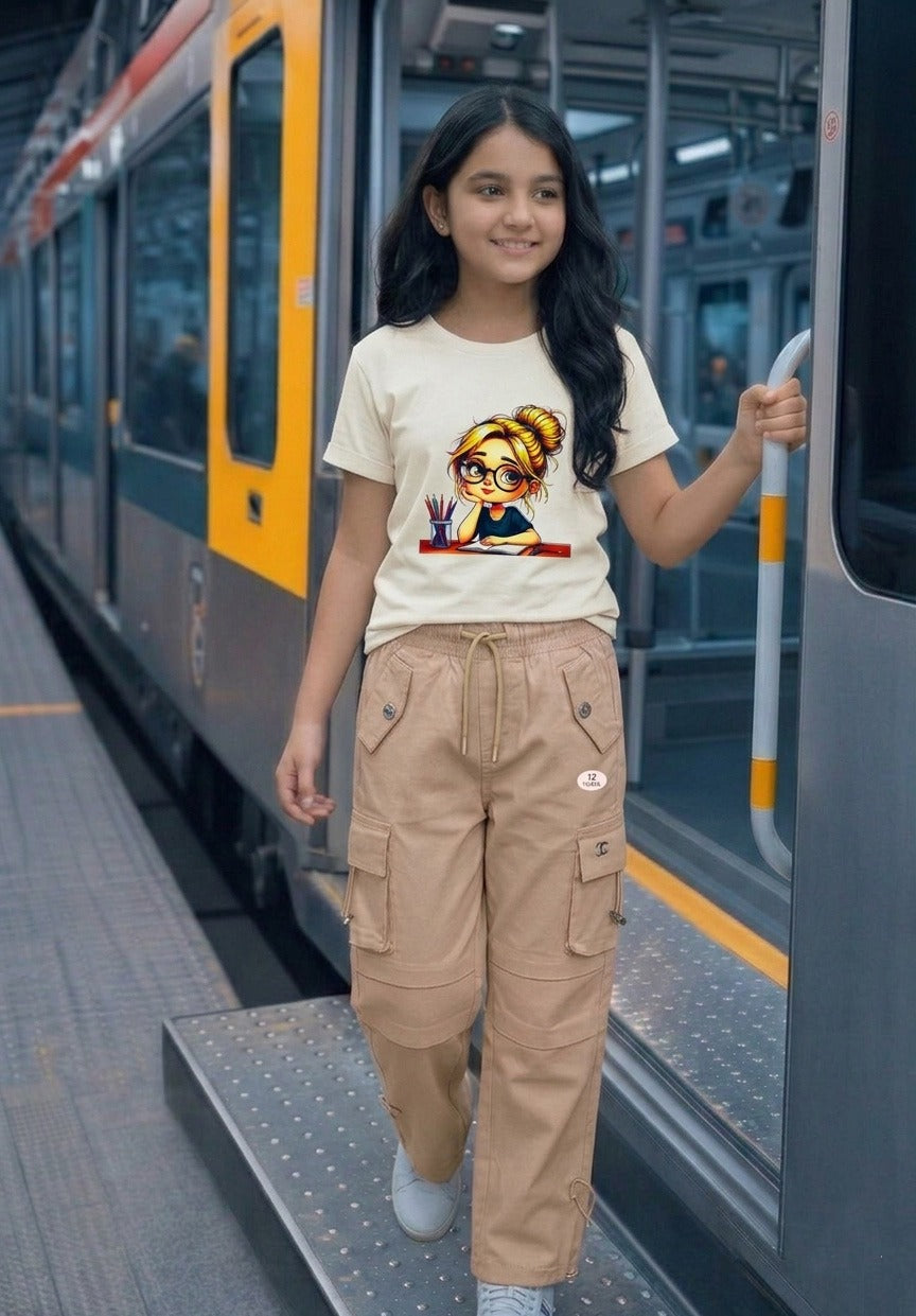 Premium Girls' Twill Baggy Cargo Jogger Pant | Beige & Stone Beige Main image