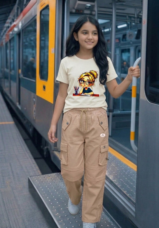 Premium Girls' Twill Baggy Cargo Jogger Pant | Beige & Stone Beige