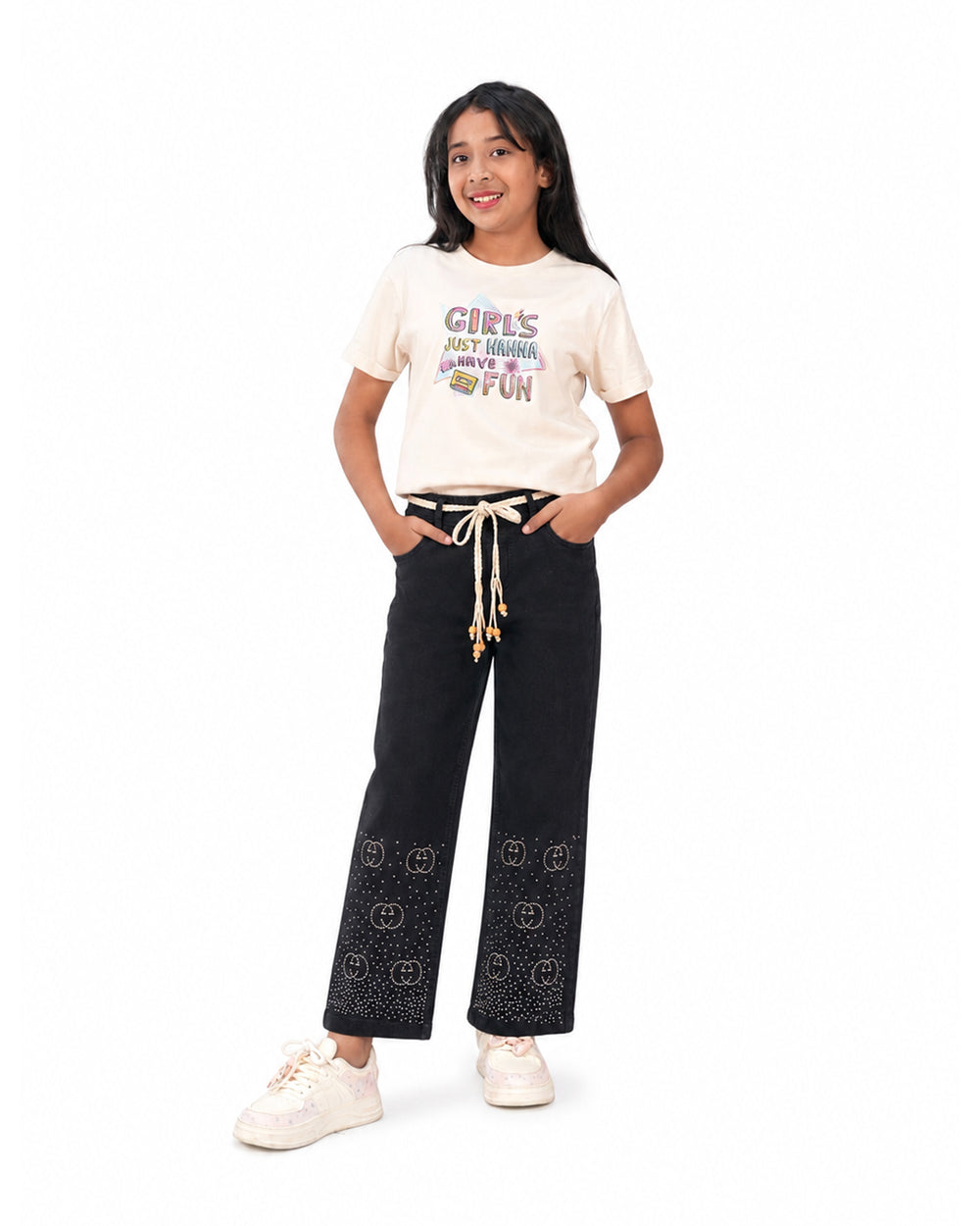 Circle Stoned Denim Baggy | Black | Free T-Shirt