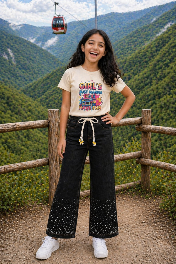 Girls Baggy Jeans with Rain Stone | Black & Stone Beige Set