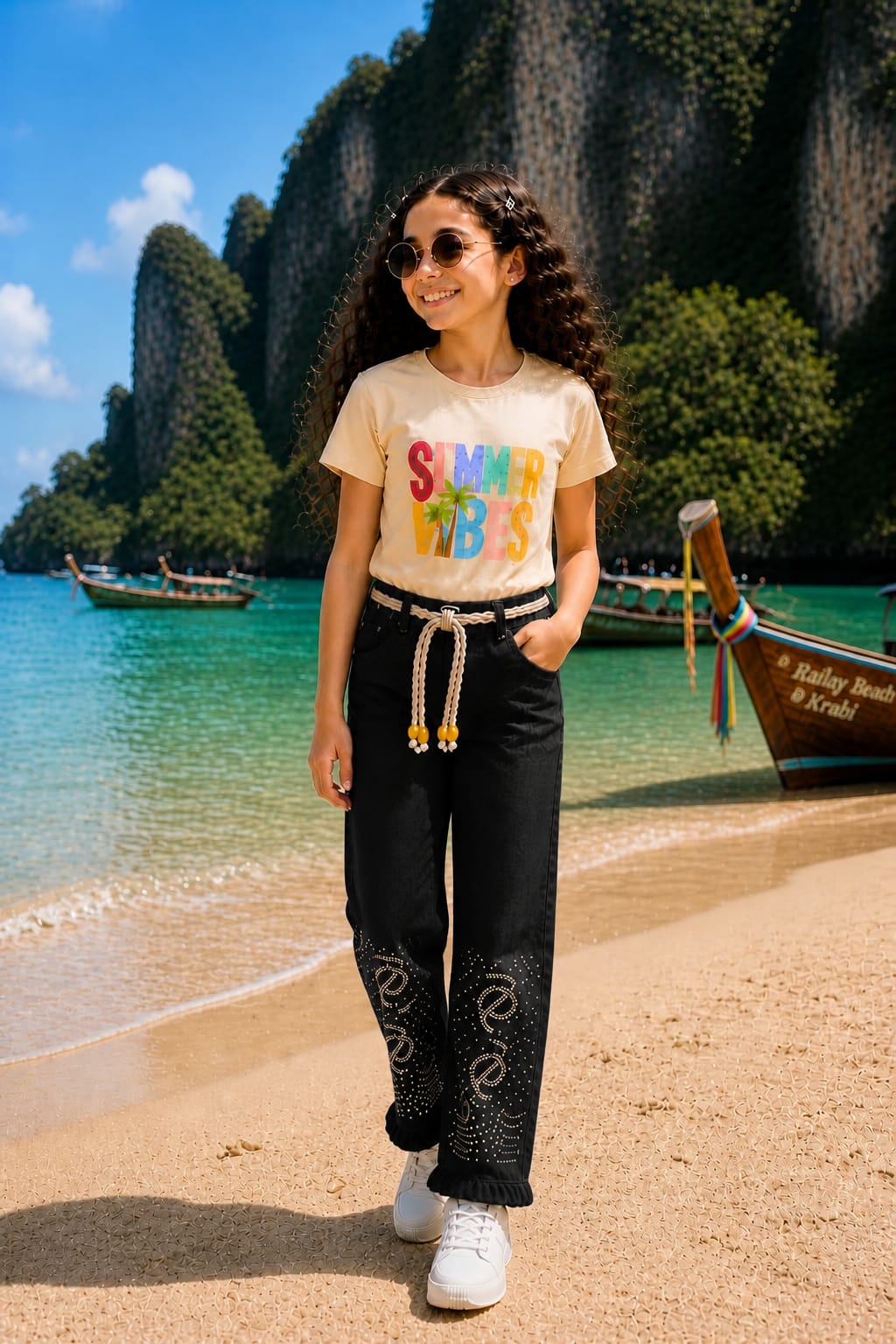 Girls Stoned Regular Fit Long Pant | Black & Beige Sets Main image