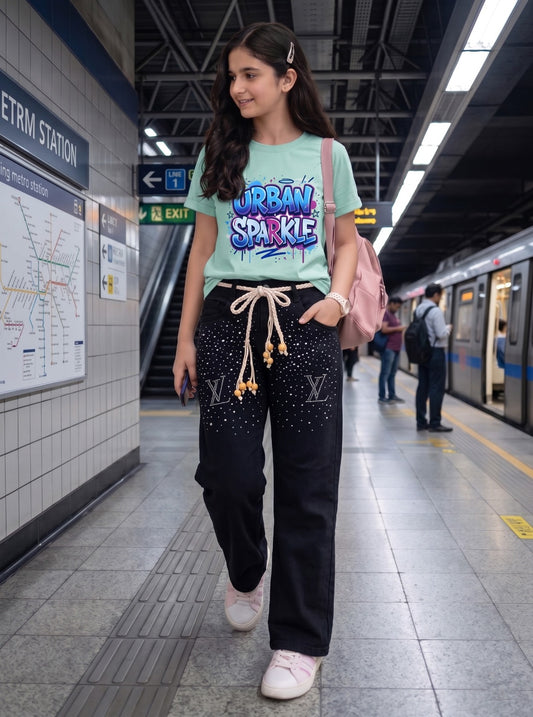 VL Girls Baggy Stoned Denim Pant | Black & Saga Green Set