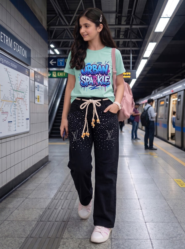 VL Girls Baggy Stoned Denim Pant | Mid Blue & Saga Green Set