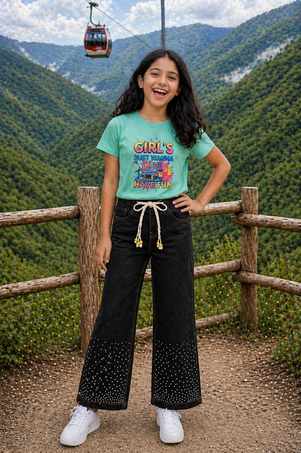 Girls Baggy Jeans with Rain Stone | Black & Saga Green Set Main image