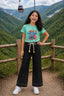 Girls Baggy Jeans with Rain Stone | Black & Saga Green Set