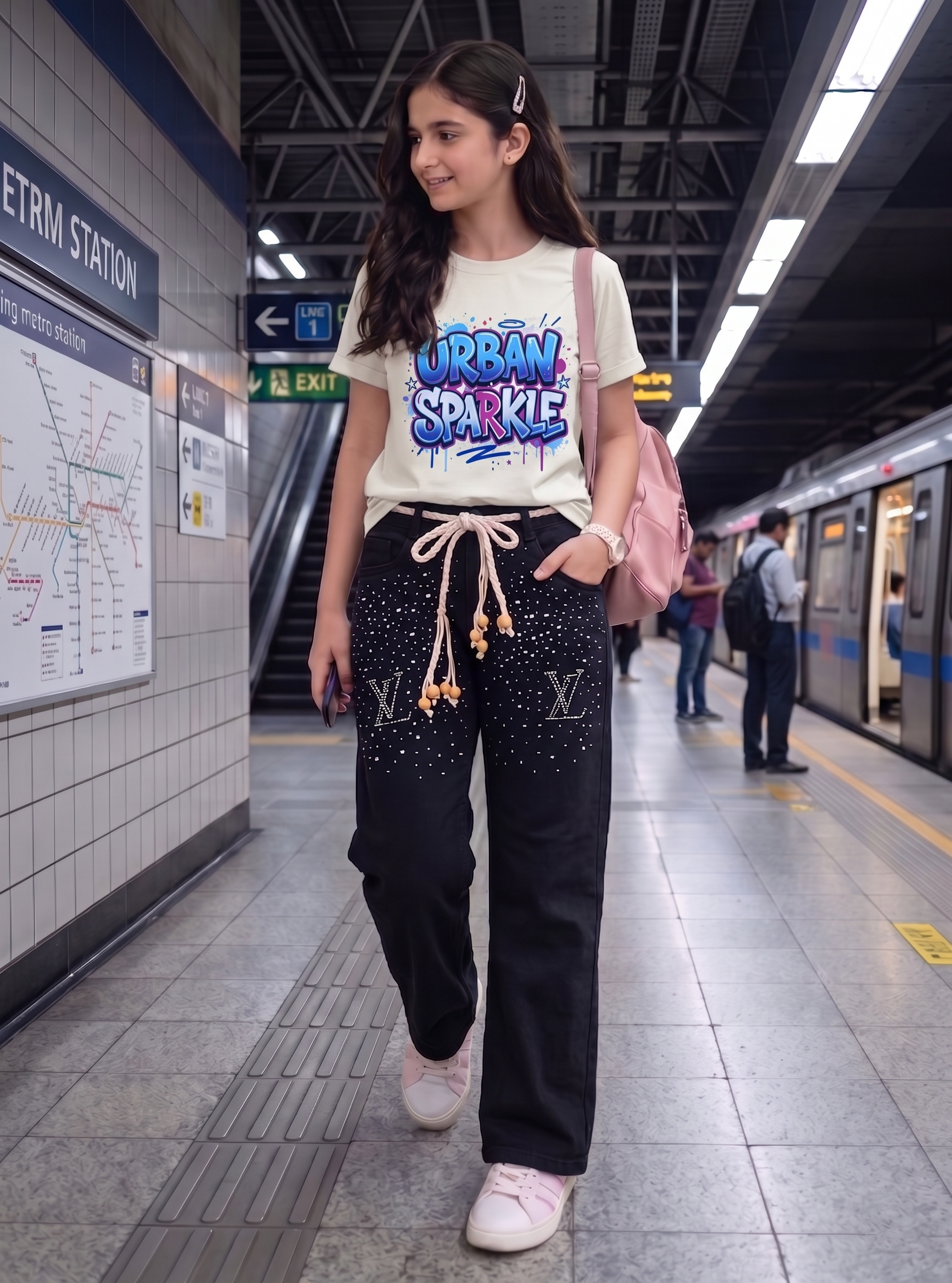 VL Girls Baggy Stoned Denim Pant | Black & Stone Beige Set Main image
