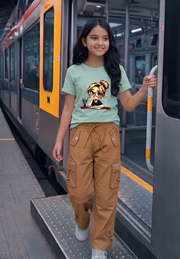 Premium Girls' Twill Baggy Cargo Jogger Pant | Grey & Saga Green