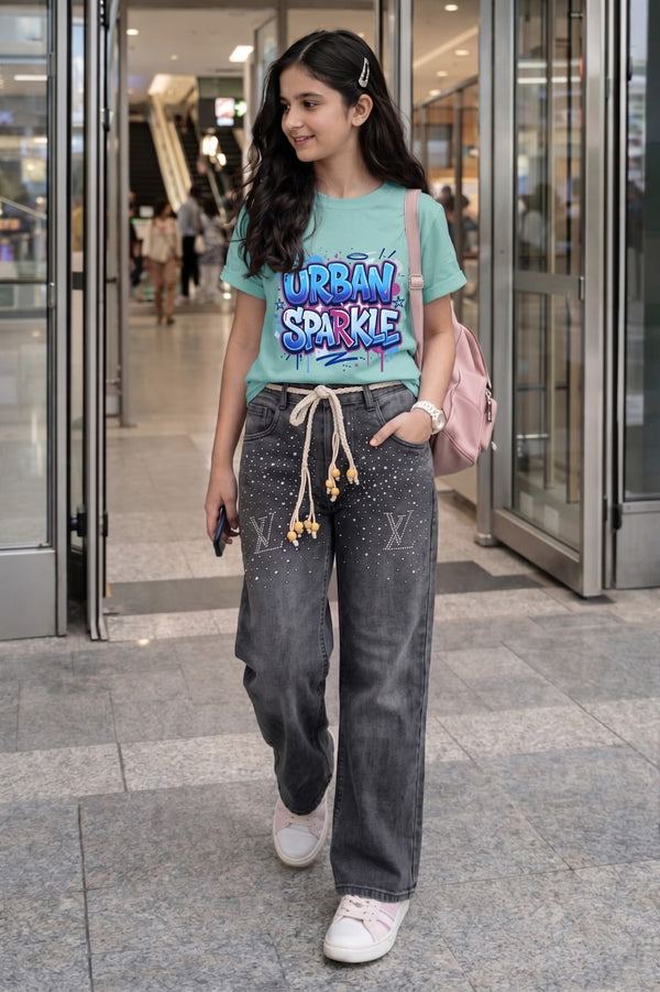 VL Girls Baggy Stoned Denim Pant | Mid Blue & Saga Green Set