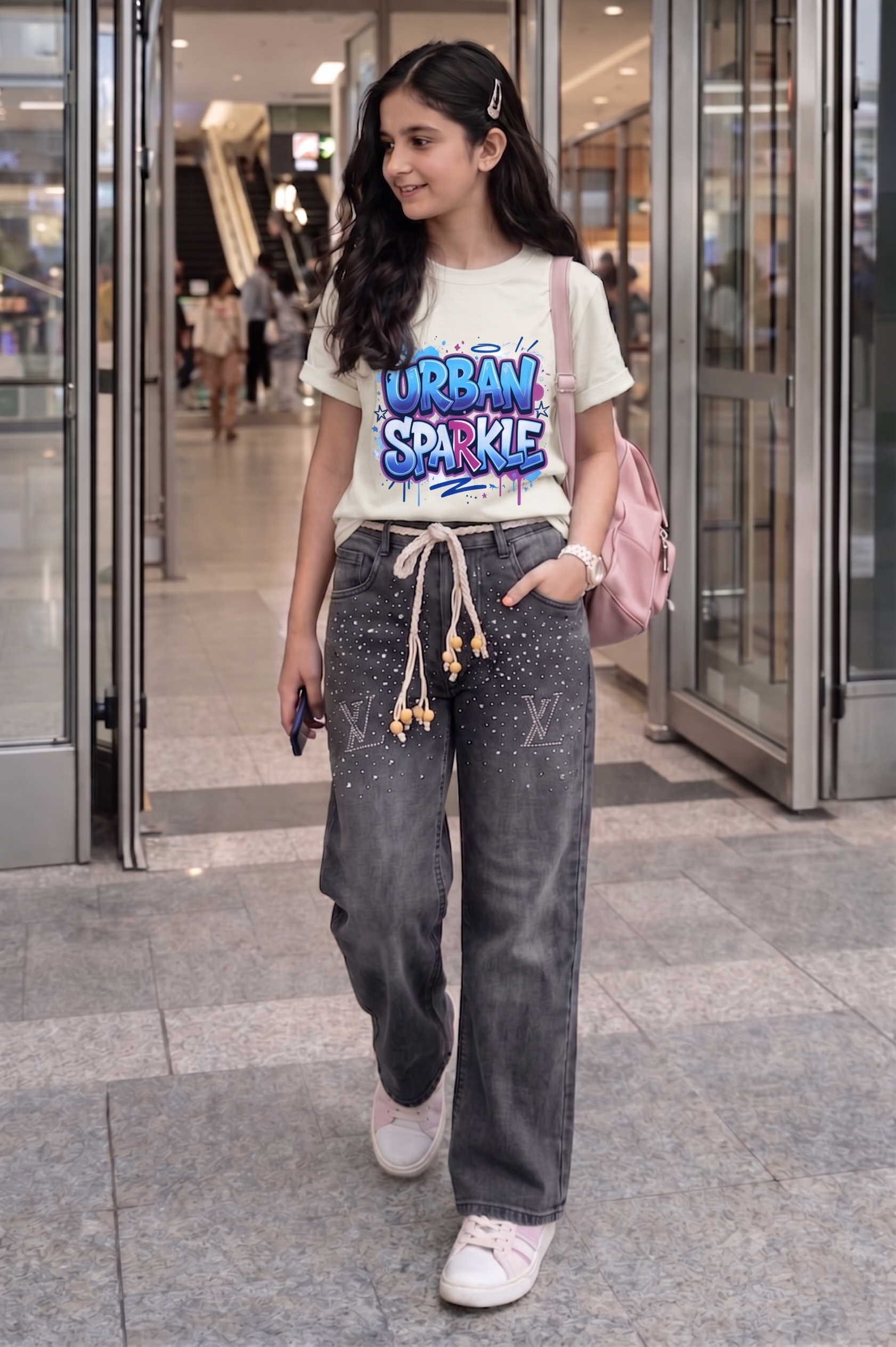 VL Girls Baggy Stoned Denim Pant | Black & Stone Beige Set