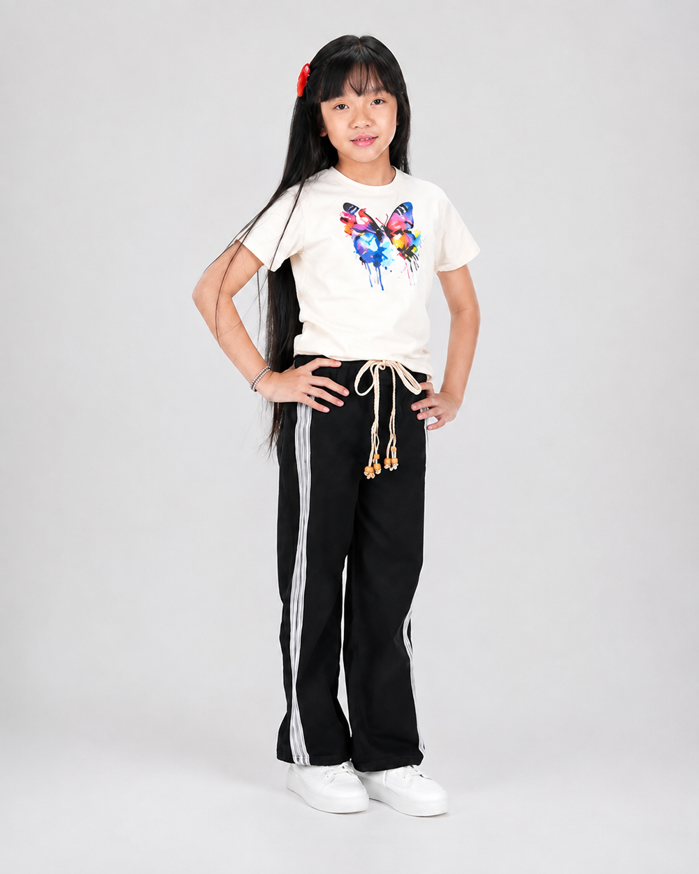 Girls Twill Denim Baggy Pant | Black | Free T-Shirt