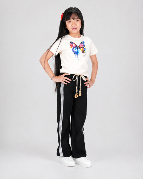 Girls Twill Denim Baggy Pant | Black & Beige Set