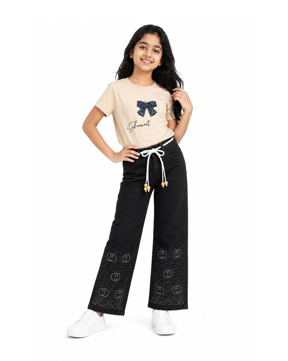 Circle Stoned Denim Baggy Pant | Black