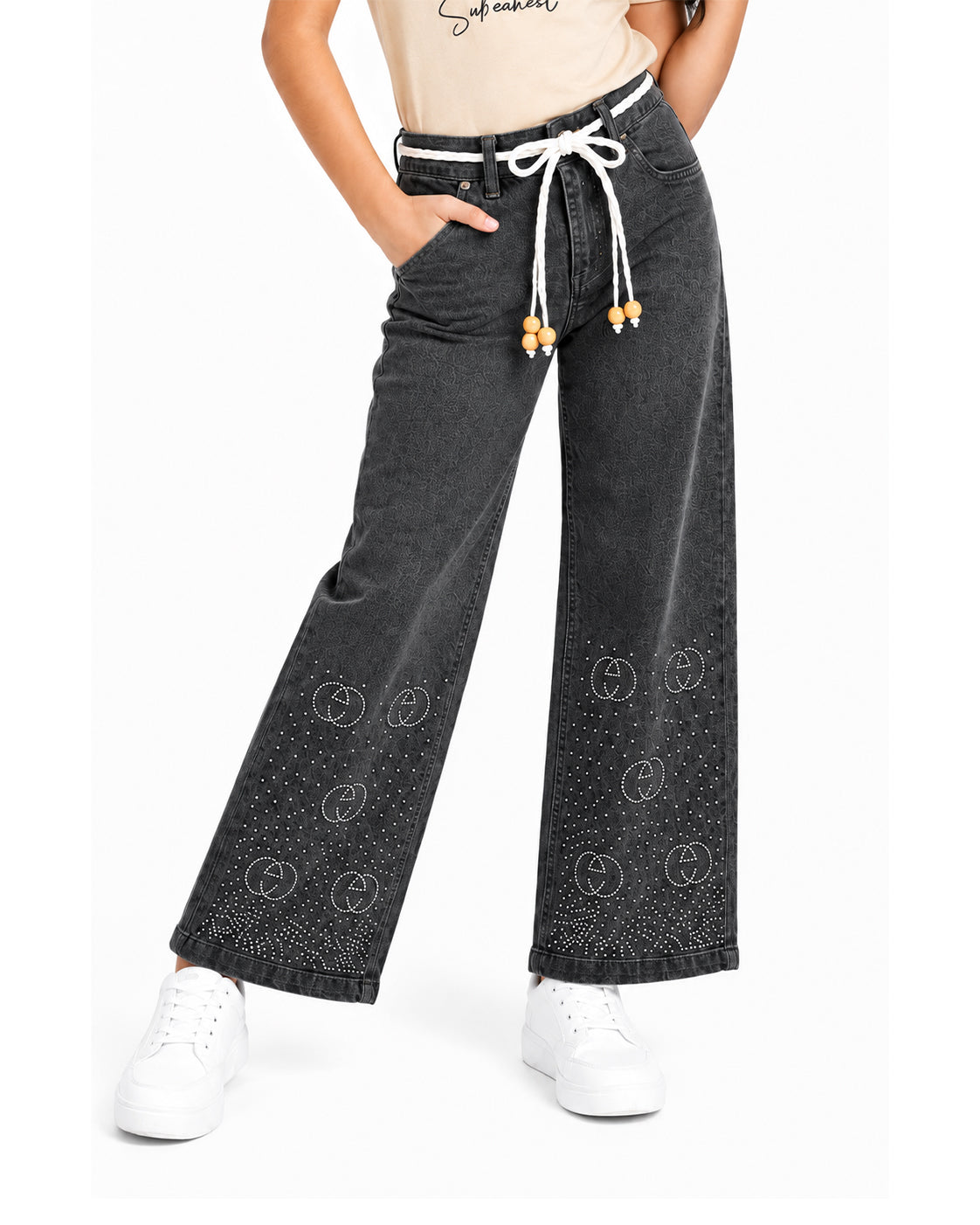 Circle Stoned Denim Baggy Pant | Charcoal Grey