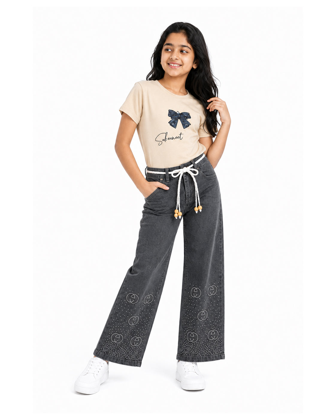 Circle Stoned Denim Baggy Pant | Charcoal Grey