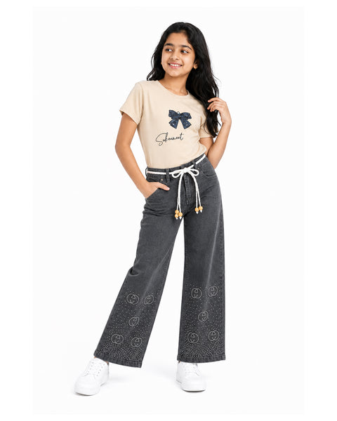 Circle Stoned CharcoalGrey & Beige Denim Baggy Set