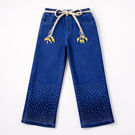 Girls Baggy Jeans with Stone | Indigo Blue