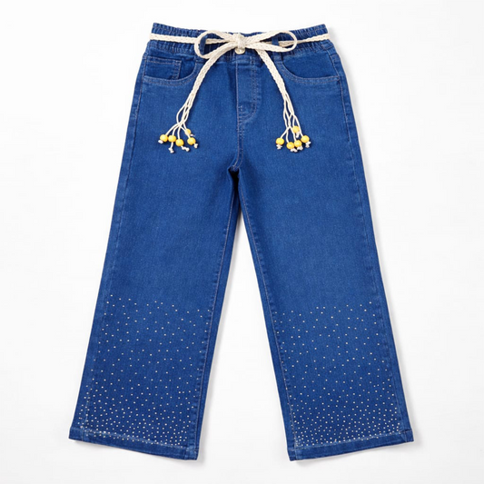 Girls Baggy Jeans with Stone | Mid Blue