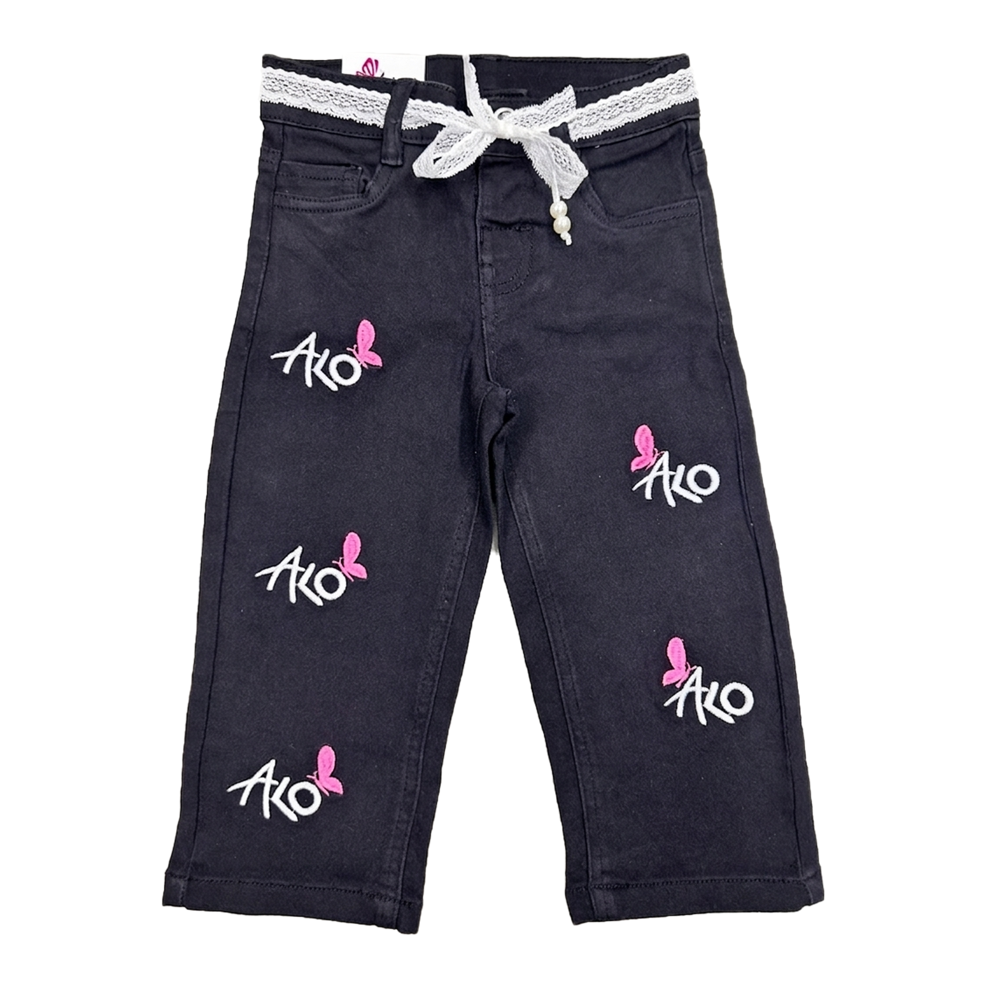 Girls Denim BAGGY Embroidered Pant | Charcoal Grey