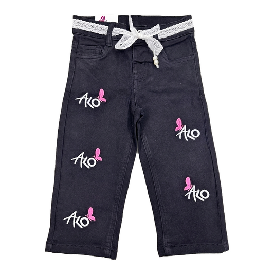 Girls Denim BAGGY Embroidered Pant | Black