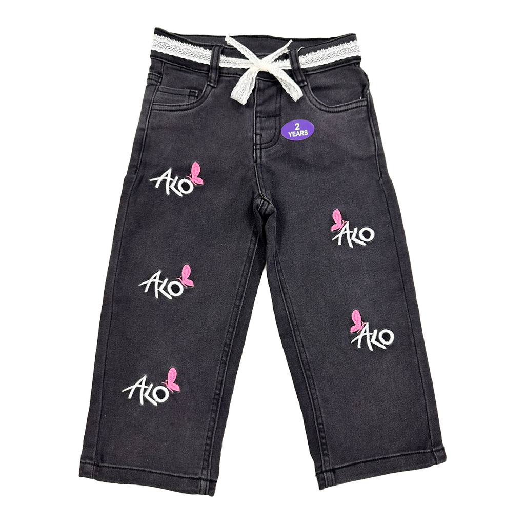 Girls Denim BAGGY Embroidered Pant | Charcoal Grey