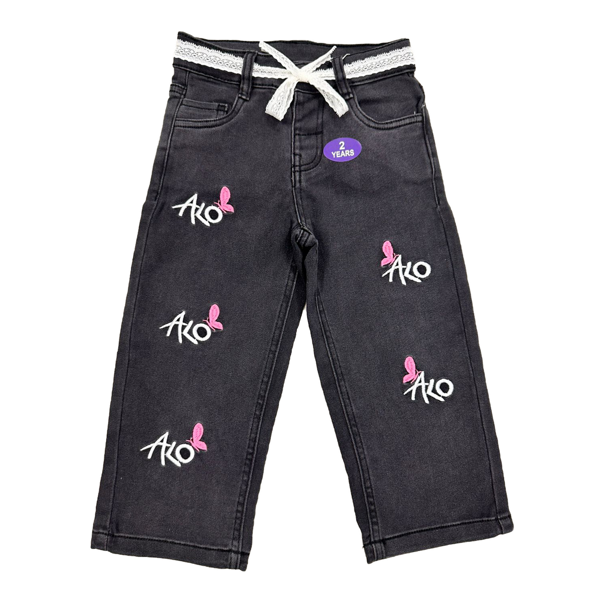 Girls Denim BAGGY Embroidered Pant | Charcoal Grey