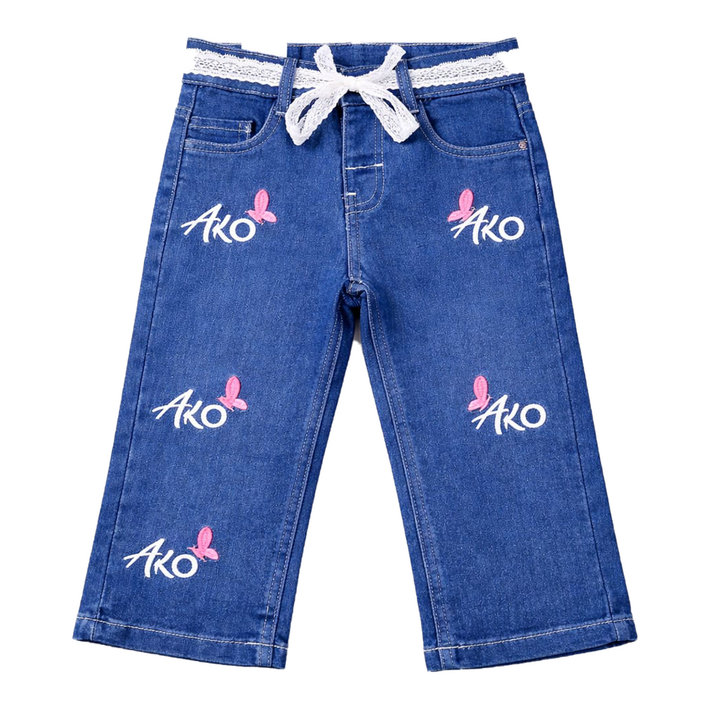 Girls Denim BAGGY Embroidered Pant | Charcoal Grey