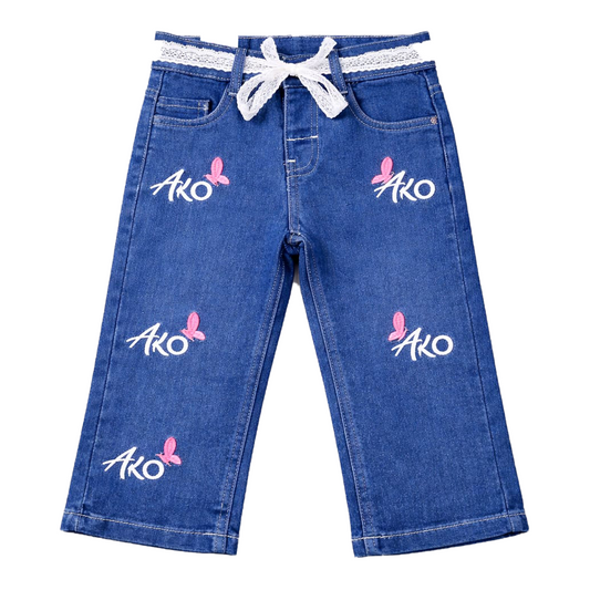 Girls Denim BAGGY Embroidered Pant | Mid Blue