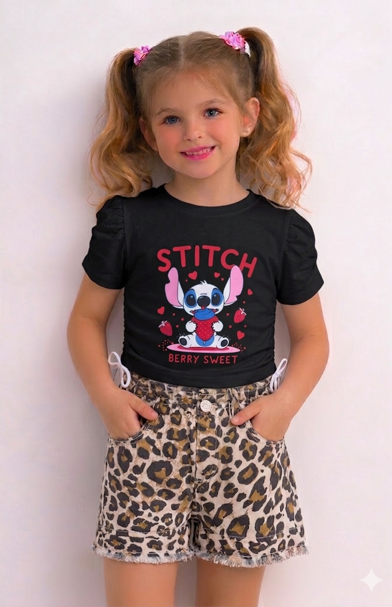 Girls Leopard Summer Shorts Sets | Black Main image