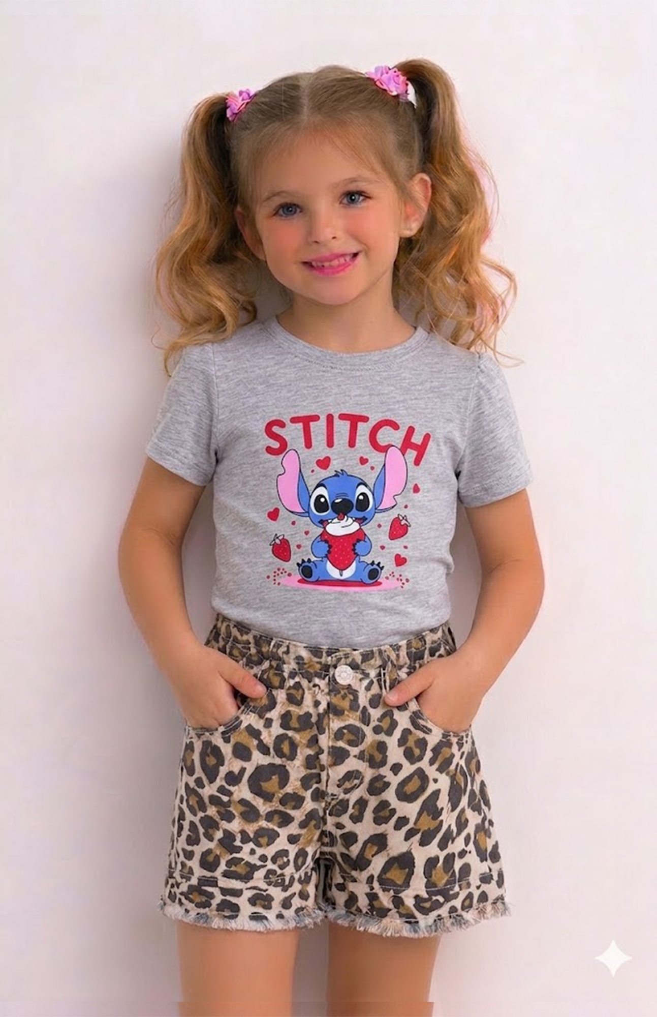 Girls Leopard Summer Shorts Sets | Grey Main image