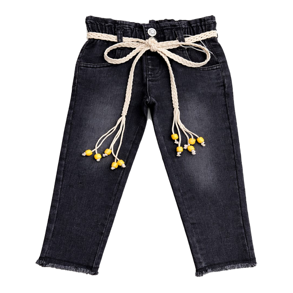 Girls Premium Denim with Stylish Fringe Bottom | Black