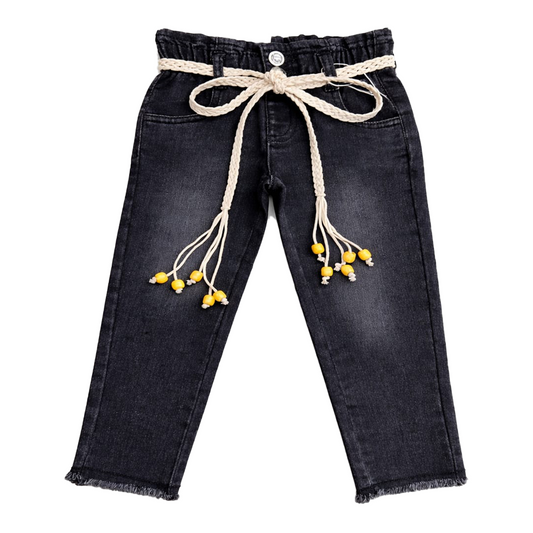 Girls Premium Denim with Stylish Fringe Bottom | Indigo Blue