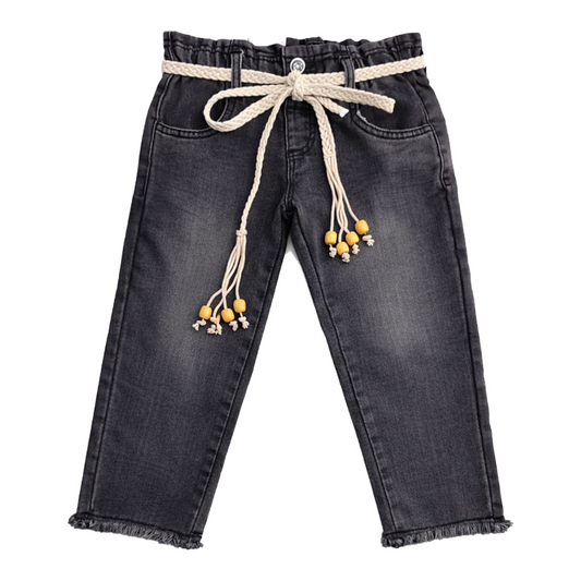 Girls Premium Denim with Stylish Fringe Bottom | Mid Blue