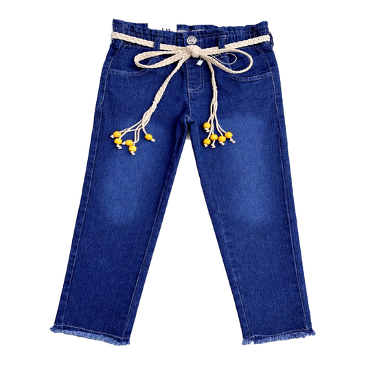 Girls Premium Denim with Stylish Fringe Bottom | Indigo Blue