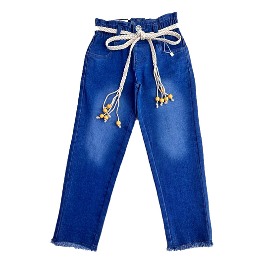 Girls Premium Denim with Stylish Fringe Bottom | Mid Blue