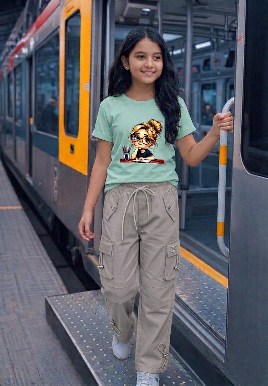 Premium Girls' Twill Baggy Cargo Jogger Pant | Beige & Saga Green