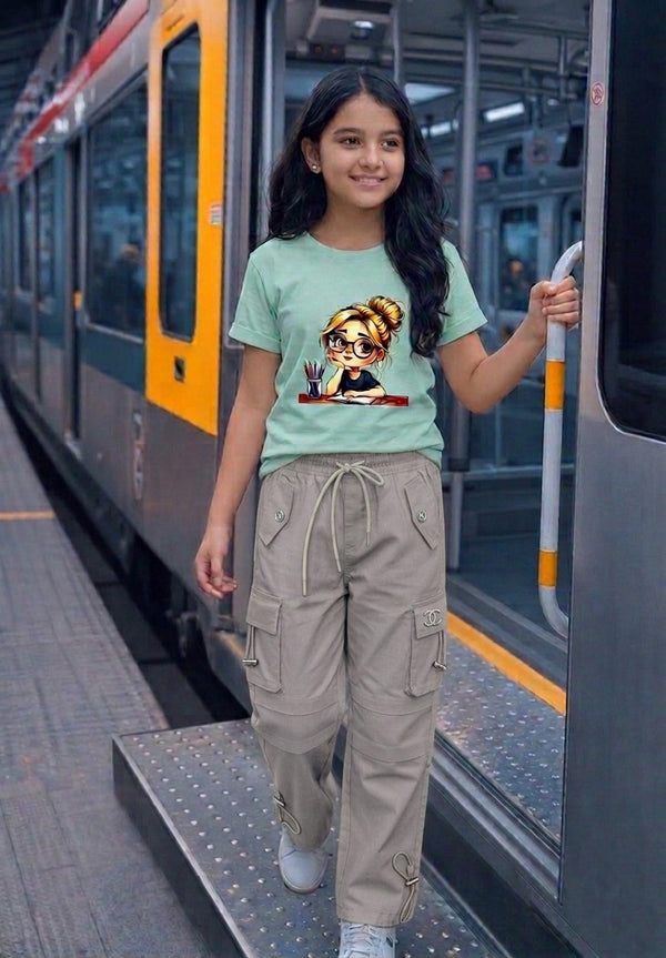 Premium Girls' Twill Baggy Cargo Jogger Pant | Beige & Saga Green